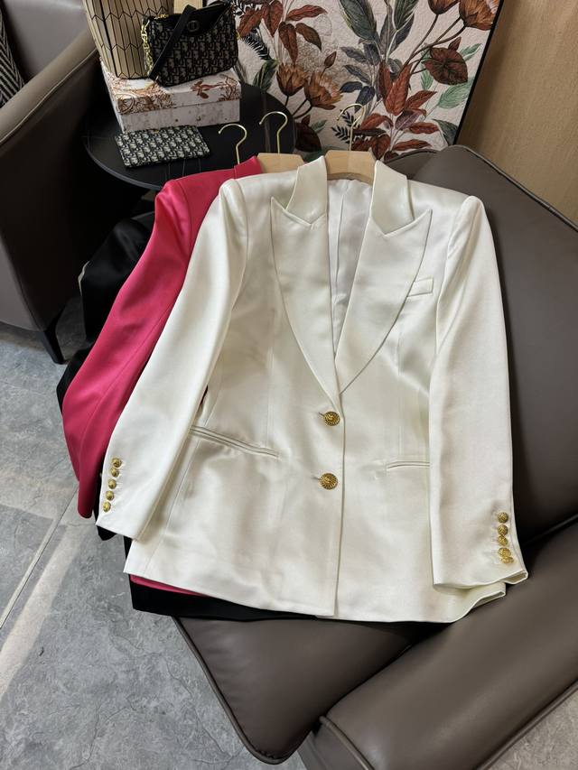Xz24012#新款西装 Balman 西装领 长袖醋酸西装外套 白色 黑色 玫红色 Smlxl